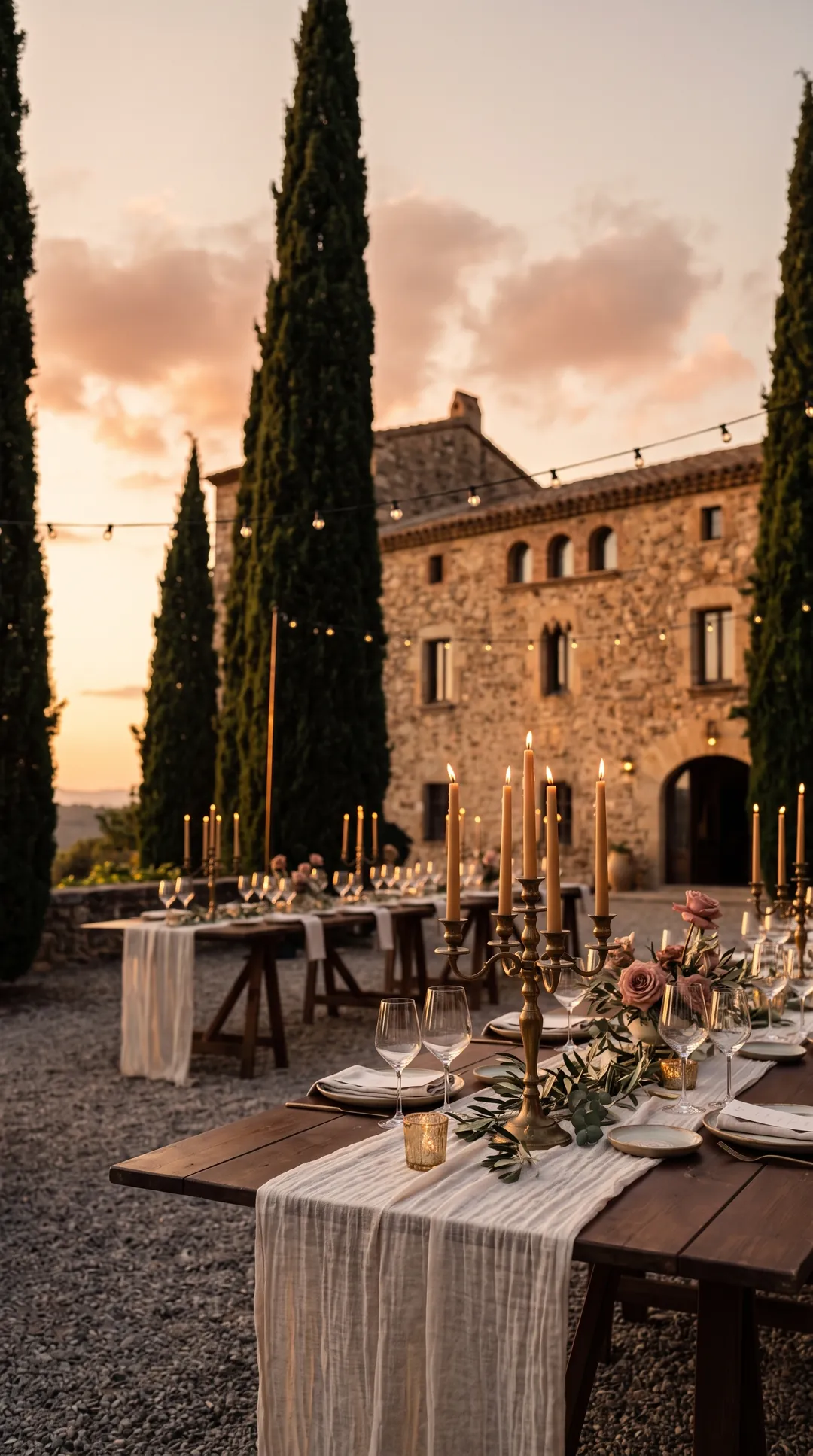 Mesa larga con candelabros y rosas entre cipreses, al atardecer