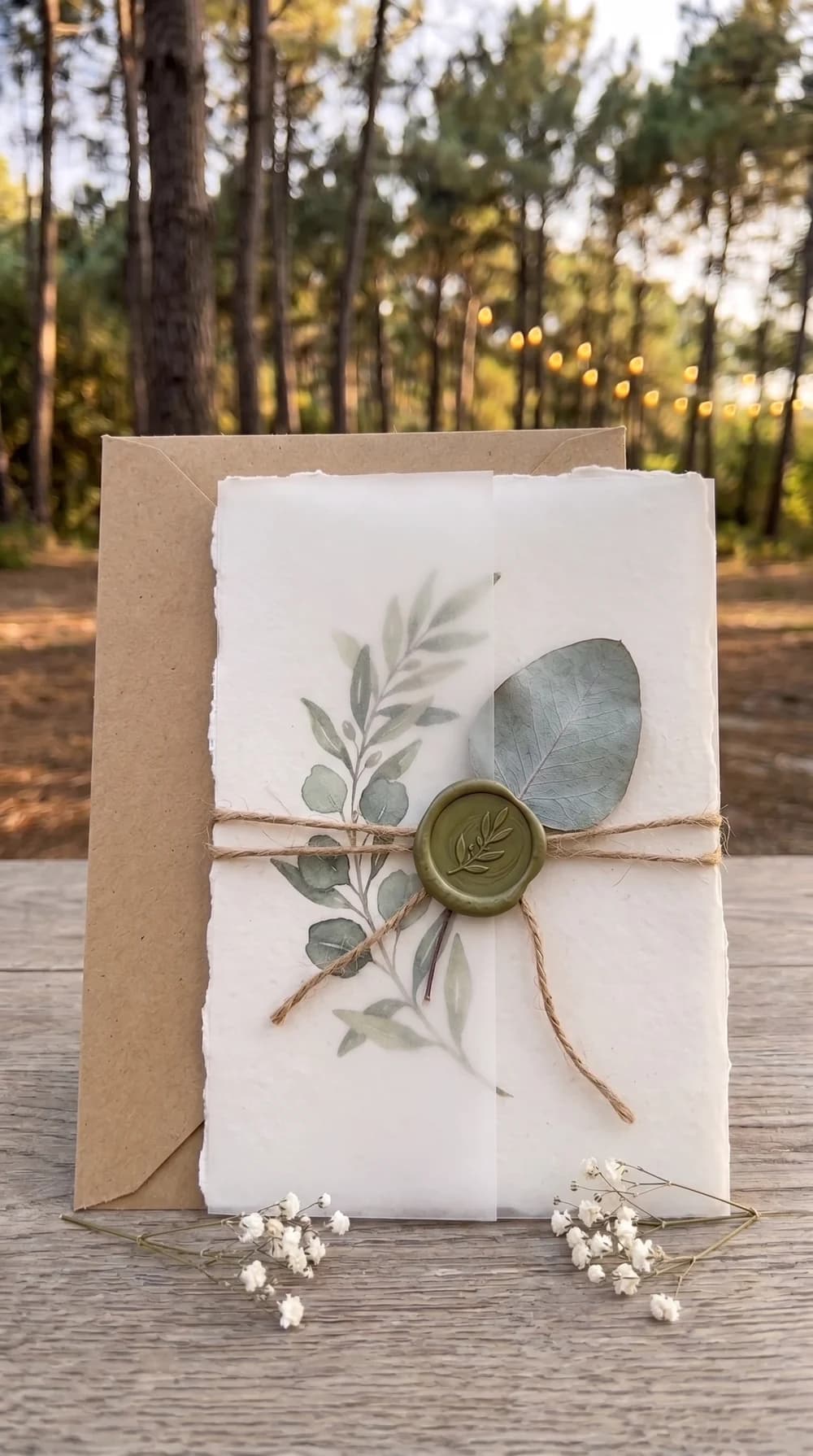 Invitación de boda con botánico acuarelado en verde, cordel de yute, hoja de eucalipto y sobre kraft