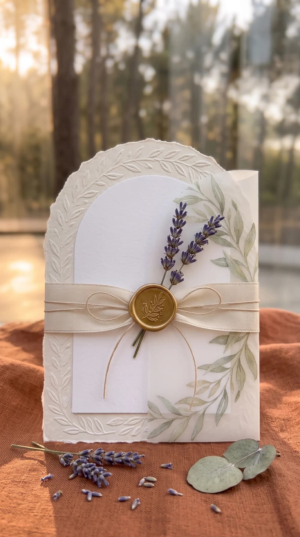 Invitación de boda con arco gofrado, espliego seco bajo el lacre y sobre de lino terracota